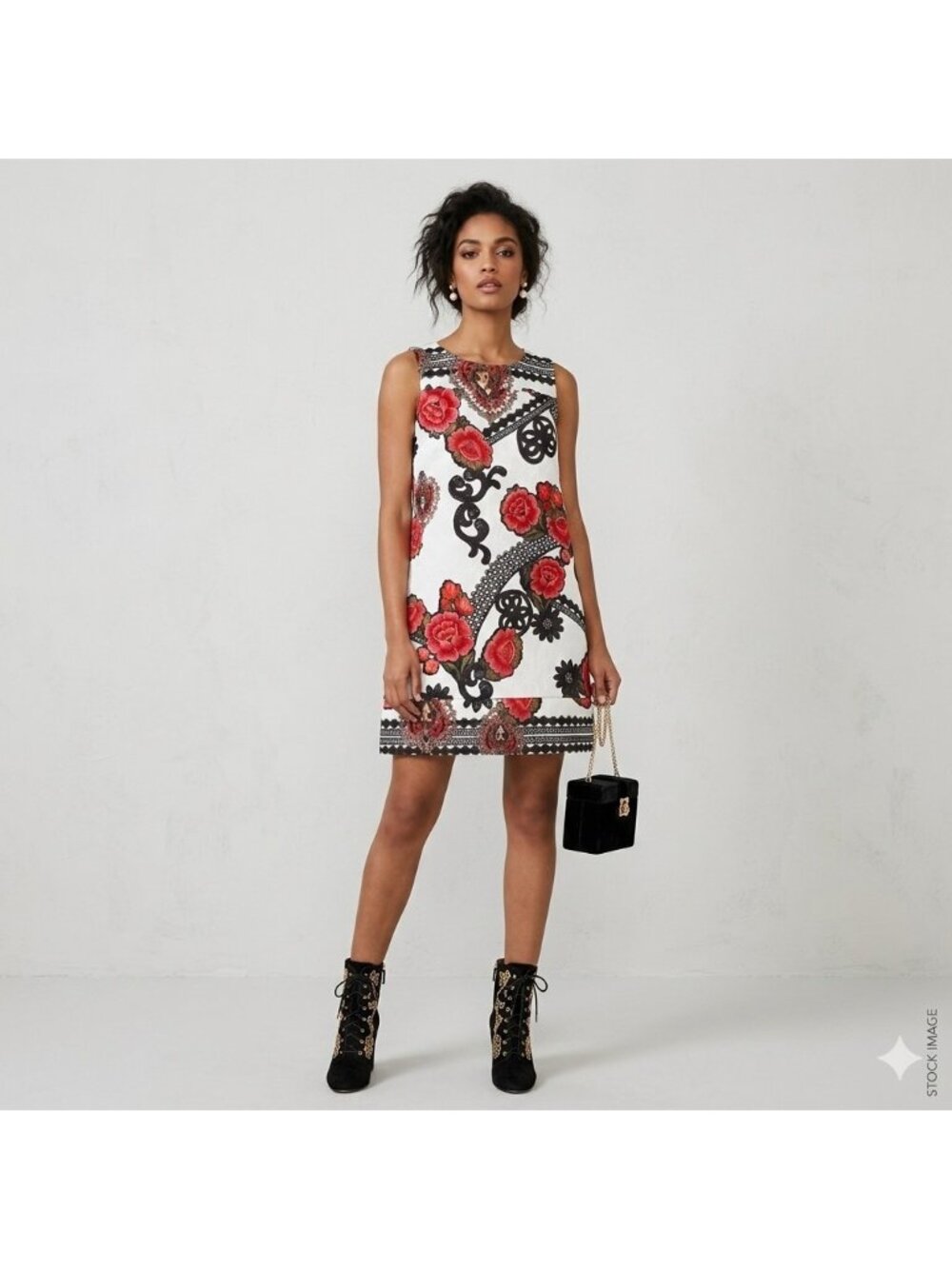 Imperial Italy Shift Dress S Red Rose Brocade Baroque Mini Floral Jacquard Boho
